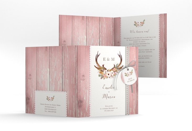 Hochzeitseinladung Heimatjuwel quadr. Klappkarte rosa mit Hirschgeweih und Holz-Hintergrund