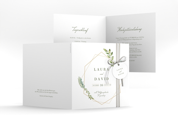 Hochzeitseinladung Herbarium quadr. Klappkarte gold hochglanz mit geometrischem Rahmen und Blätter-Dekor