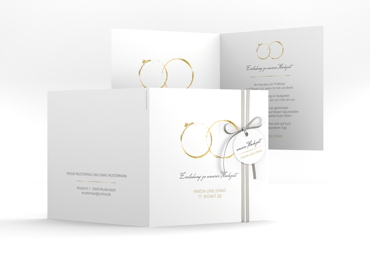 Hochzeitseinladung Trauringe quadr. Klappkarte gold hochglanz minimalistisch gestaltet mit zwei Eheringen