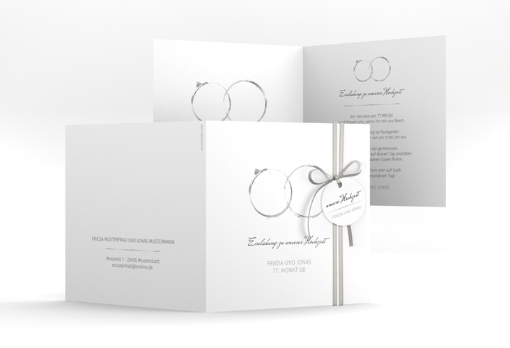 Hochzeitseinladung Trauringe quadr. Klappkarte grau minimalistisch gestaltet mit zwei Eheringen