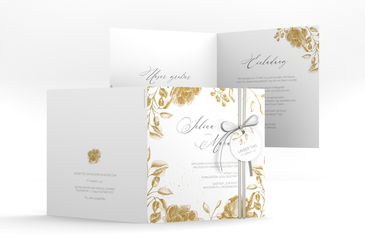 Hochzeitseinladung Blattgold quadr. Klappkarte gold