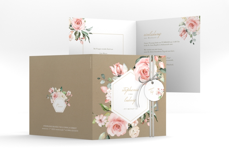 Hochzeitseinladung Graceful quadr. Klappkarte Kraftpapier hochglanz mit Rosenblüten in Rosa und Weiß