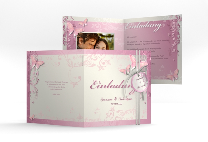 Hochzeitseinladung Toulouse quadr. Klappkarte rosa hochglanz romantisch mit Schmetterlingen
