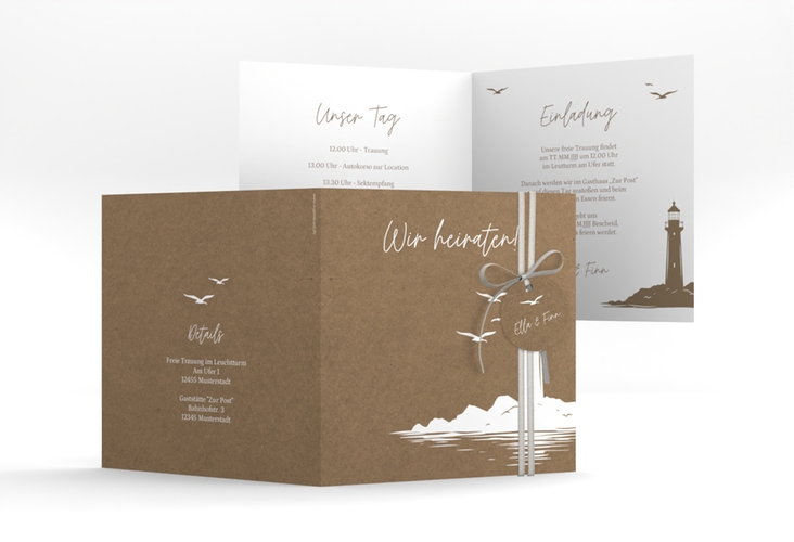 Hochzeitseinladung Leuchtturm quadr. Klappkarte Kraftpapier