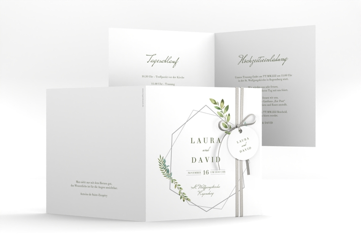 Hochzeitseinladung Herbarium quadr. Klappkarte grau hochglanz mit geometrischem Rahmen und Blätter-Dekor