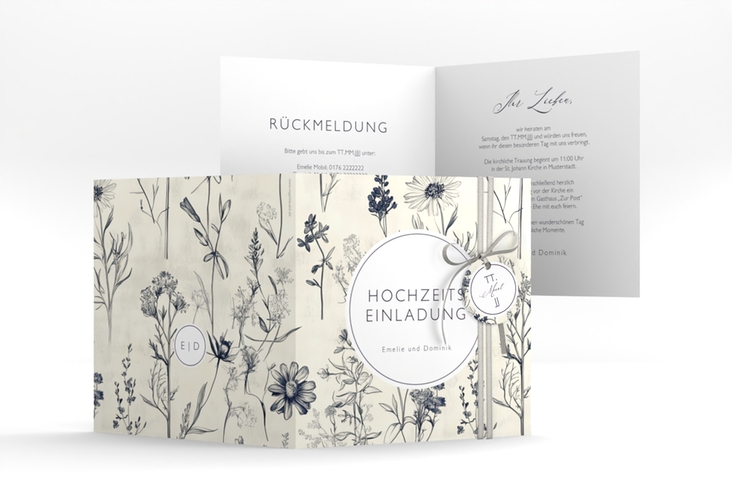 Hochzeitseinladung Chinoiserie Floral quadr. Klappkarte beige hochglanz