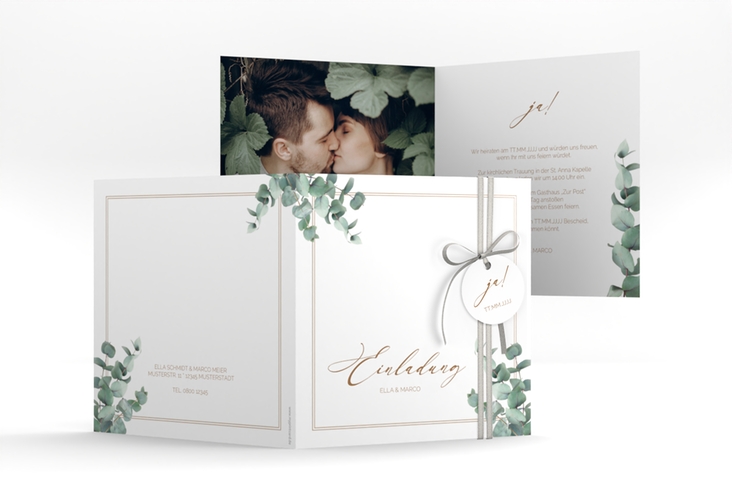 Hochzeitseinladung Eucalypt quadr. Klappkarte hochglanz mit Eukalyptus und edlem Rahmen