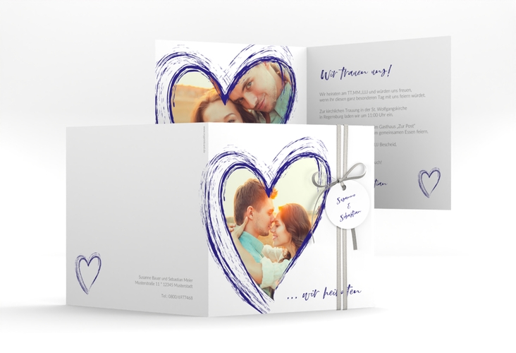Hochzeitseinladung Liebe quadr. Klappkarte blau hochglanz