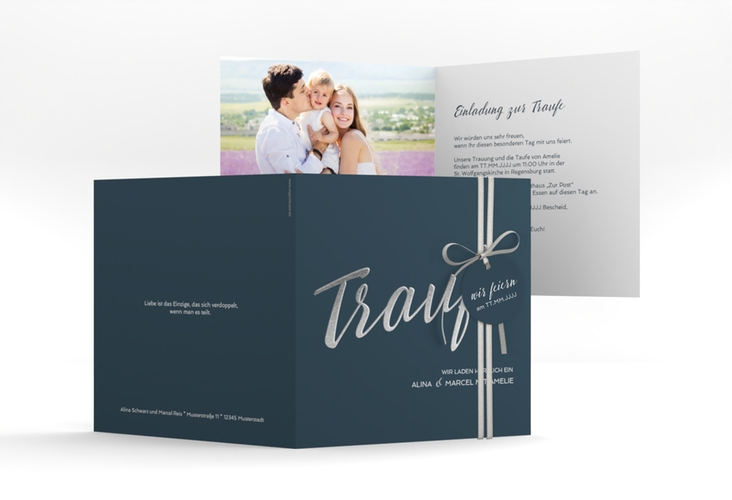 Hochzeitseinladung Traufe quadr. Klappkarte blau hochglanz
