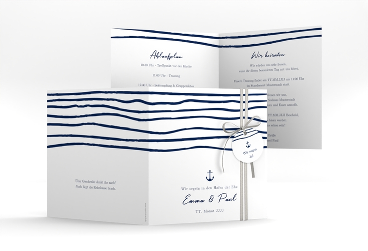 Hochzeitseinladung Liebesanker quadr. Klappkarte blau mit maritimem Streifenmuster und kleinem Anker