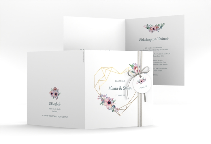 Hochzeitseinladung Herzgold quadr. Klappkarte hochglanz