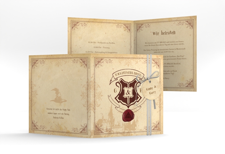 Hochzeitseinladung Zauberkunst quadr. Klappkarte beige hochglanz mit Fantasy-Wappen, Siegel und Zauberschule