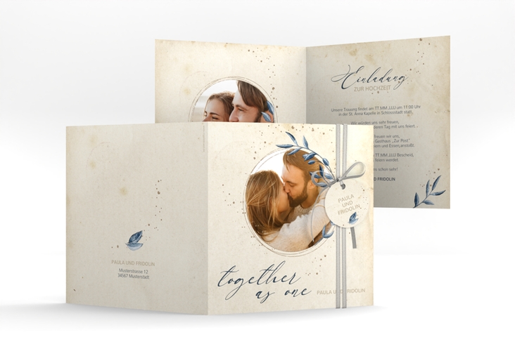 Hochzeitseinladung YinYang quadr. Klappkarte beige im Vintage-Look