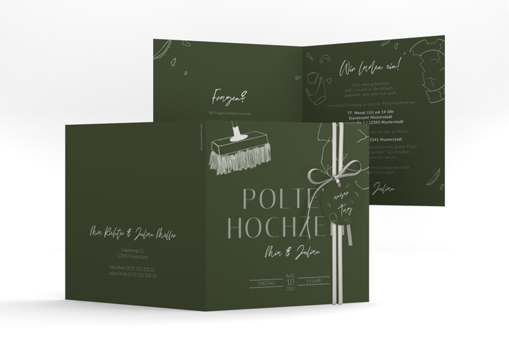 Hochzeitseinladung Polterhochzeit quadr. Klappkarte mit Besen und kaputtem Porzellanteller