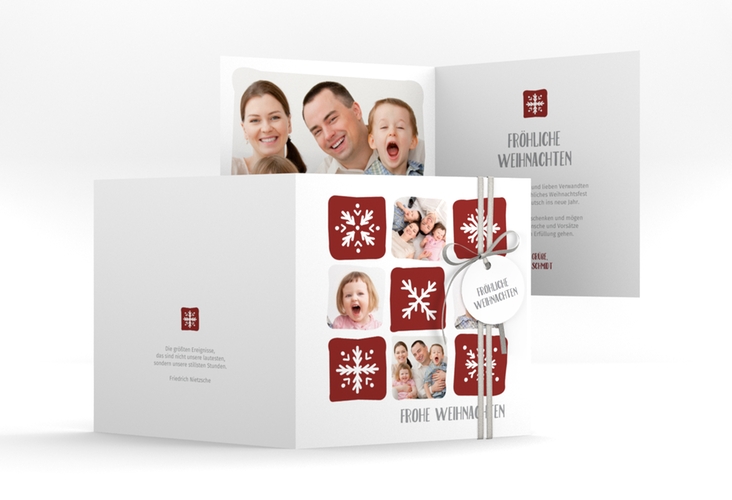 Weihnachtskarte Snowflakes quadr. Klappkarte rot hochglanz