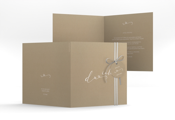 Hochzeitseinladung Zweisamkeit quadr. Klappkarte Kraftpapier hochglanz im minimalistischen Stil mit Aufschrift du & ich