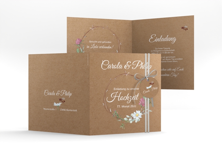 Hochzeitseinladung Honey quadr. Klappkarte Kraftpapier mit Wiesenblumen und Biene
