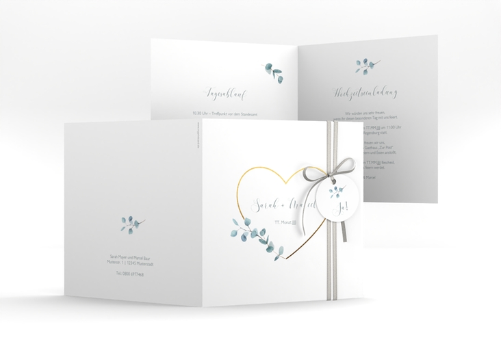 Hochzeitseinladung Greenheart quadr. Klappkarte hochglanz mit elegantem Herz und Eukalyptus-Zweig