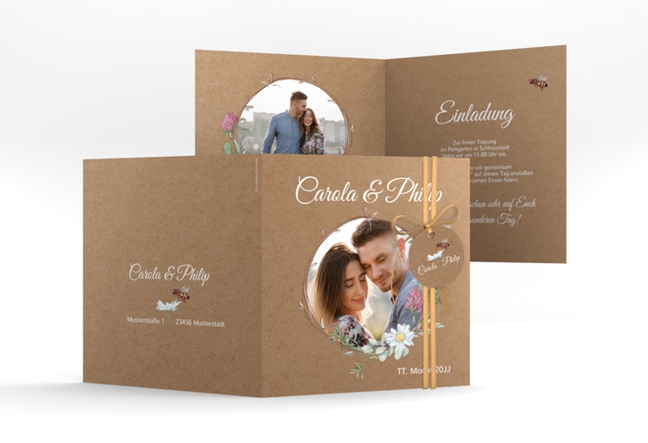 Hochzeitseinladung Honey quadr. Klappkarte Kraftpapier mit Wiesenblumen und Biene