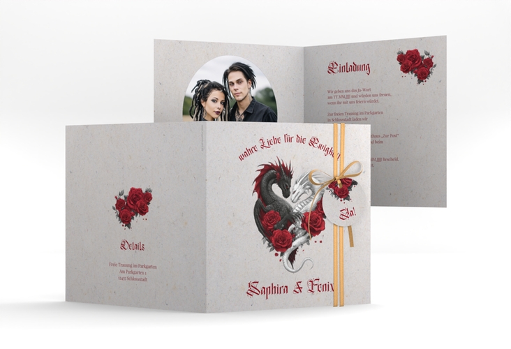 Hochzeitseinladung Drachenliebe quadr. Klappkarte grau