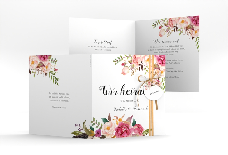 Hochzeitseinladung Flowers quadr. Klappkarte weiss hochglanz mit bunten Aquarell-Blumen