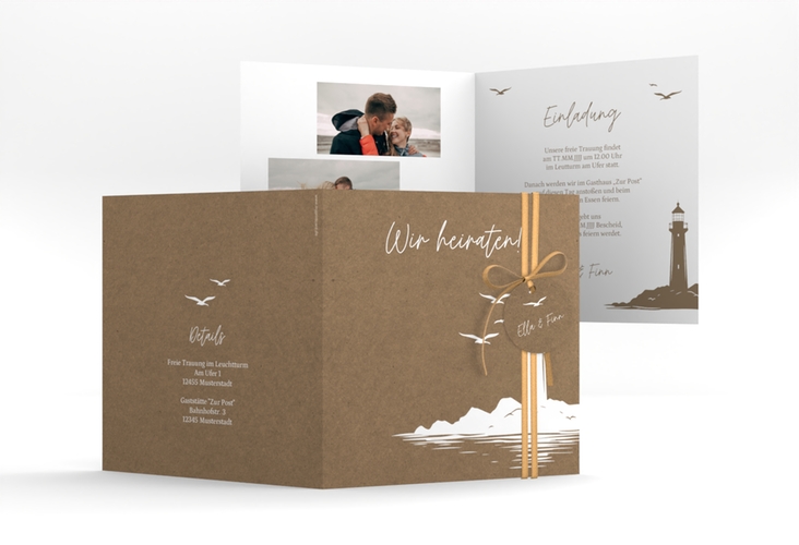 Hochzeitseinladung Leuchtturm quadr. Klappkarte Kraftpapier