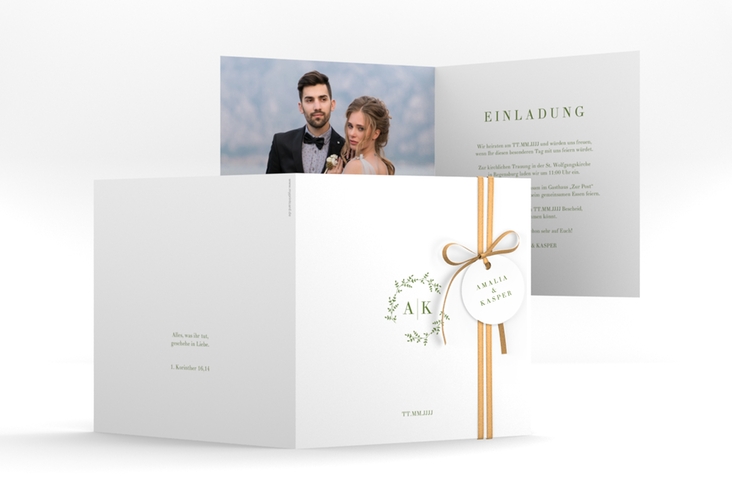 Hochzeitseinladung Filigrana quadr. Klappkarte gruen hochglanz in reduziertem Design mit Initialen und zartem Blätterkranz