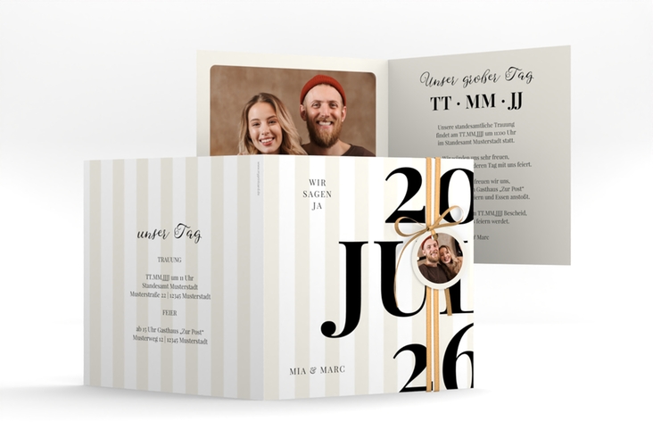 Hochzeitseinladung Streifen quadr. Klappkarte beige