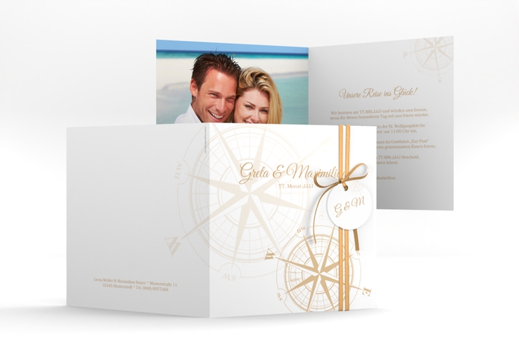 Hochzeitseinladung Windrose quadr. Klappkarte beige