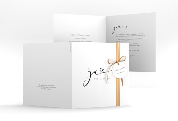 Hochzeitseinladung Jawort quadr. Klappkarte weiss modern minimalistisch mit veredelter Aufschrift