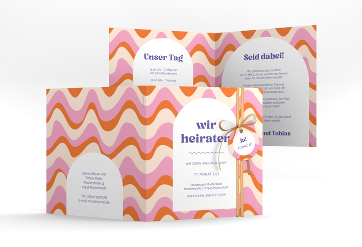 Hochzeitseinladung Retrovibes quadr. Klappkarte rosa im 70er Jahre Psychedelic-Design