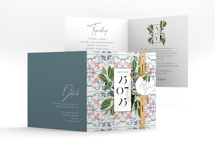 Hochzeitseinladung Mediterraner Flair quadr. Klappkarte bunt mit Auzlejo-Fliesenmuster und Lorbeer