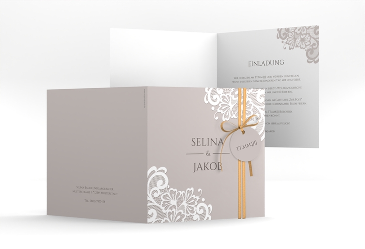 Hochzeitseinladung Vintage quadr. Klappkarte grau mit floraler Spitze