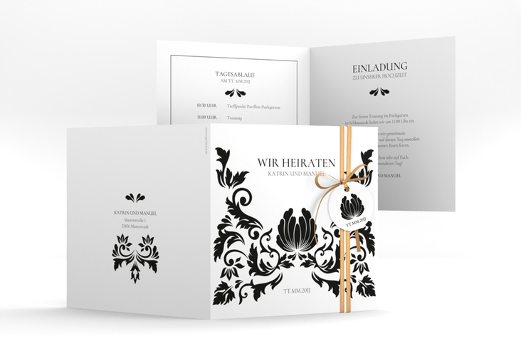 Hochzeitseinladung Royal quadr. Klappkarte weiss hochglanz mit barockem Blumen-Ornament