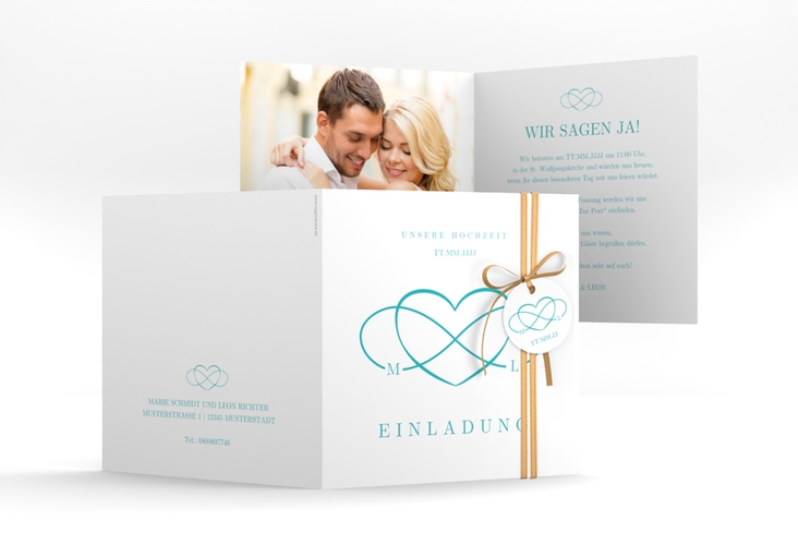 Hochzeitseinladung Infinity quadr. Klappkarte tuerkis hochglanz