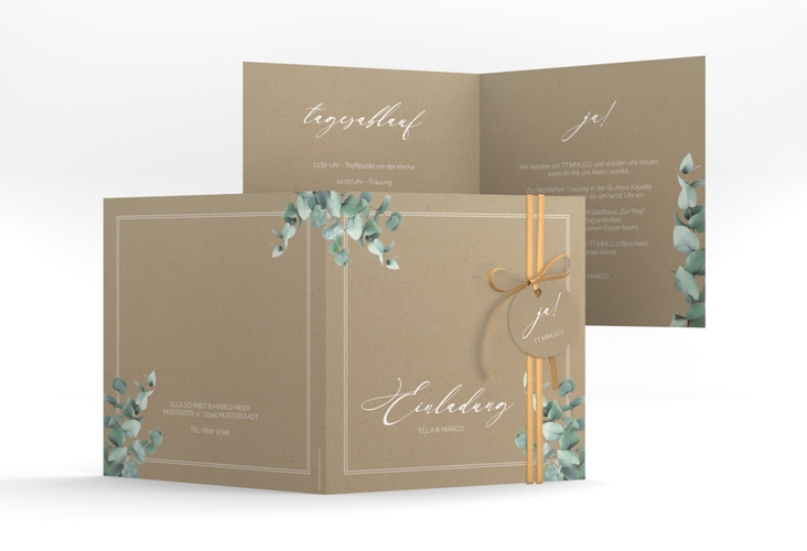 Hochzeitseinladung Eucalypt quadr. Klappkarte Kraftpapier mit Eukalyptus und edlem Rahmen