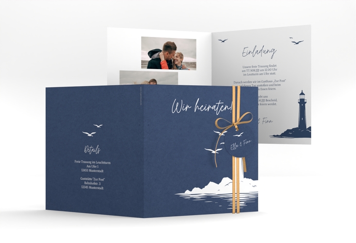 Hochzeitseinladung Leuchtturm quadr. Klappkarte blau