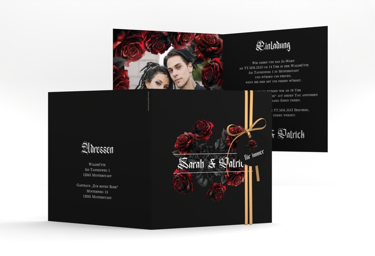 Hochzeitseinladung Gothic Rose quadr. Klappkarte schwarz hochglanz