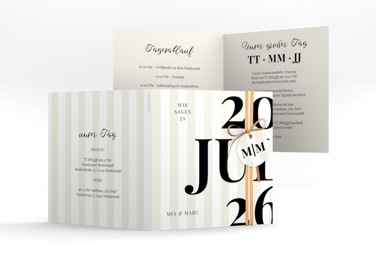 Hochzeitseinladung Streifen quadr. Klappkarte beige