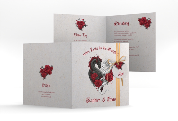 Hochzeitseinladung Drachenliebe quadr. Klappkarte grau