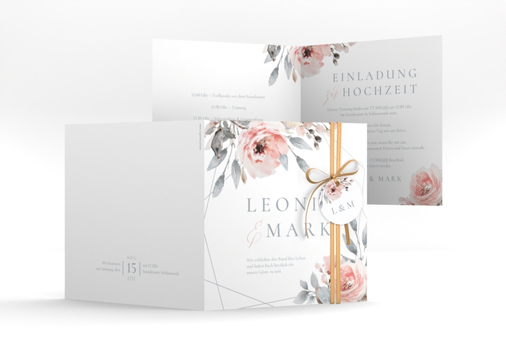 Hochzeitseinladung Perfection quadr. Klappkarte weiss hochglanz mit rosa Rosen