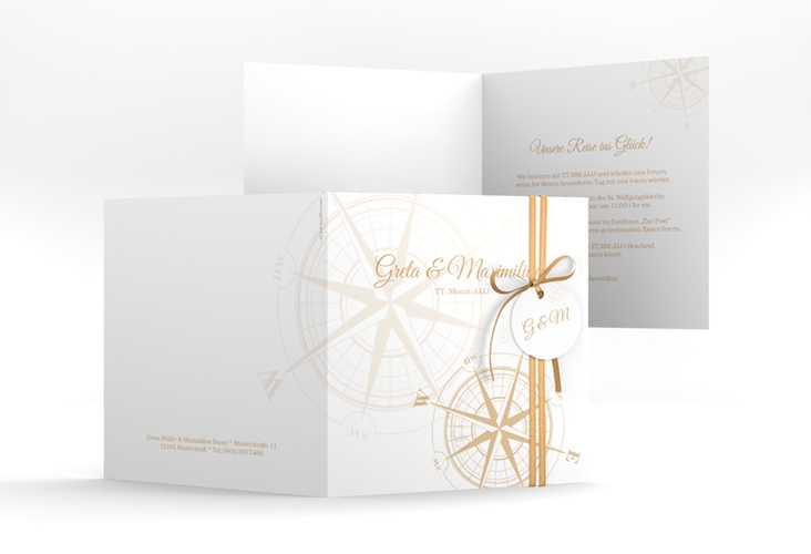 Hochzeitseinladung Windrose quadr. Klappkarte beige