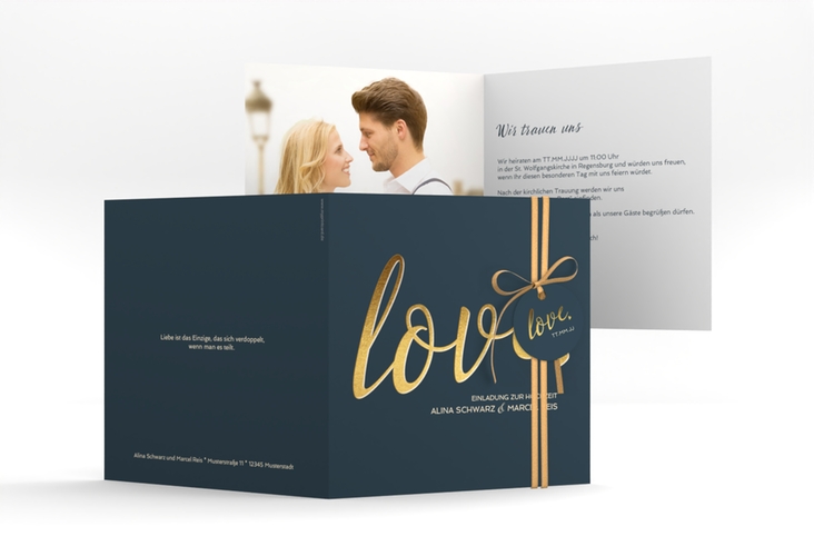 Hochzeitseinladung Glam quadr. Klappkarte blau hochglanz
