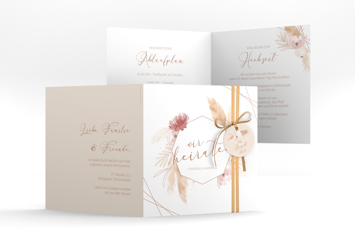 Hochzeitseinladung Bohostyle quadr. Klappkarte beige hochglanz mit Pampasgras in Aquarell