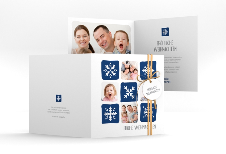 Weihnachtskarte Snowflakes quadr. Klappkarte blau hochglanz