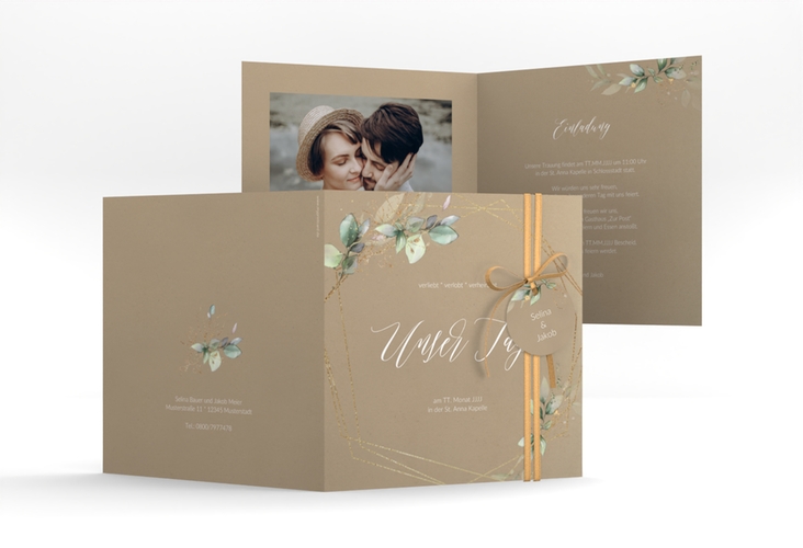 Hochzeitseinladung Greenish quadr. Klappkarte Kraftpapier hochglanz