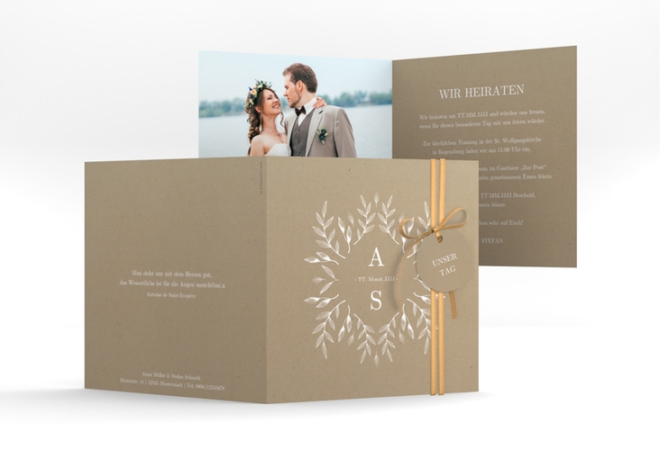 Hochzeitseinladung Blattwerk quadr. Klappkarte Kraftpapier