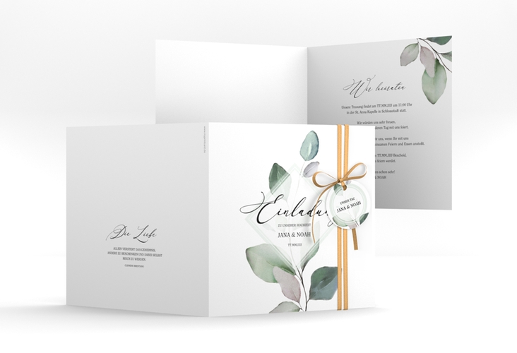 Hochzeitseinladung Foglia quadr. Klappkarte edel mit Eukalyptus im Aquarell-Design