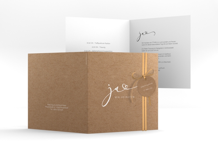 Hochzeitseinladung Jawort quadr. Klappkarte Kraftpapier hochglanz modern minimalistisch mit veredelter Aufschrift