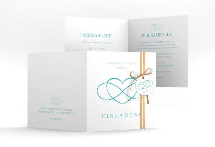 Hochzeitseinladung Infinity quadr. Klappkarte tuerkis hochglanz